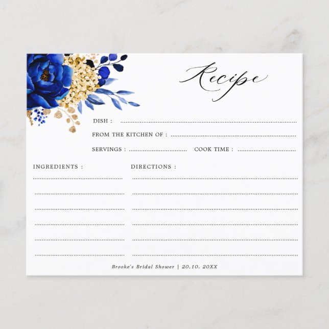 Royal Blue Yellow Gold Floral Bridal Shower Recipe (Front)