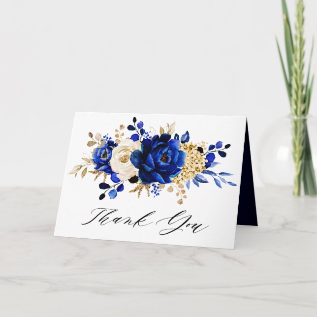 Royal Blue Yellow Gold Floral Bridal Shower Thank  Thank You Card (Front)