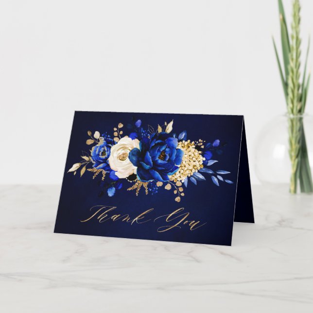 Royal Blue Yellow Gold Floral Bridal Shower Thank  Thank You Card (Front)