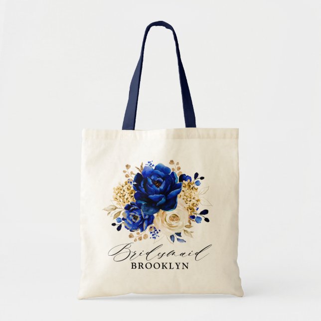 Royal Blue Yellow Gold Floral Bridesmaid gift Tote Bag (Front)