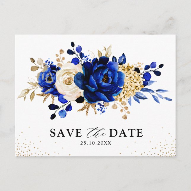 Royal Blue Yellow Gold Floral Save the date Postcard (Front)