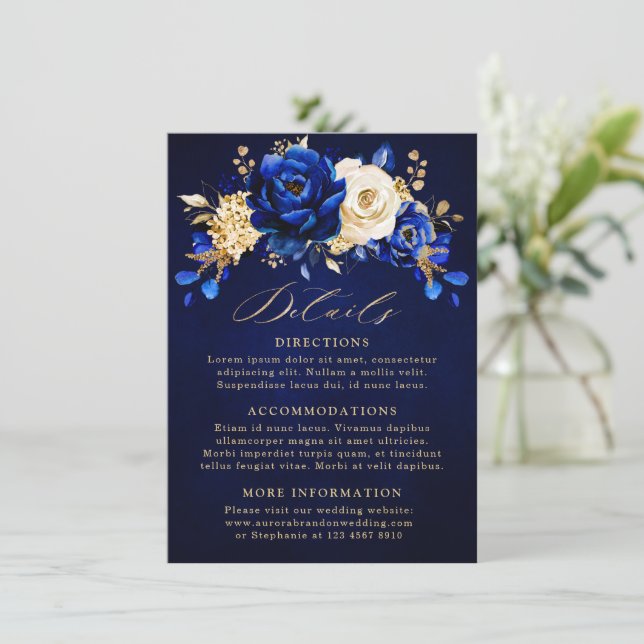 Royal Blue Yellow Gold Floral Wedding Details Encl Enclosure Card (Standing Front)