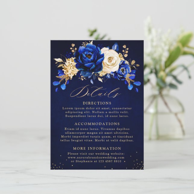Royal Blue Yellow Gold Floral Wedding Details Encl Enclosure Card (Standing Front)