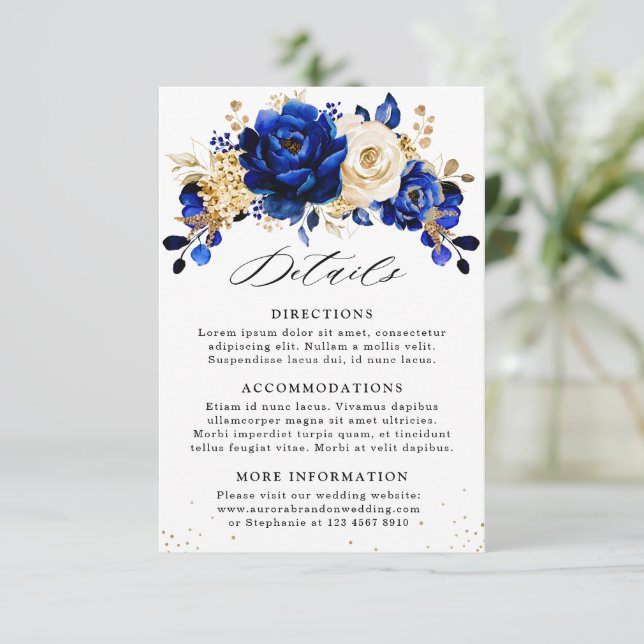 Royal Blue Yellow Gold Floral Wedding Details Enclosure Card (Standing Front)