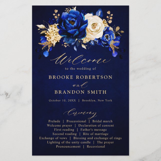 Royal Blue Yellow Gold Floral Wedding Program (Front)