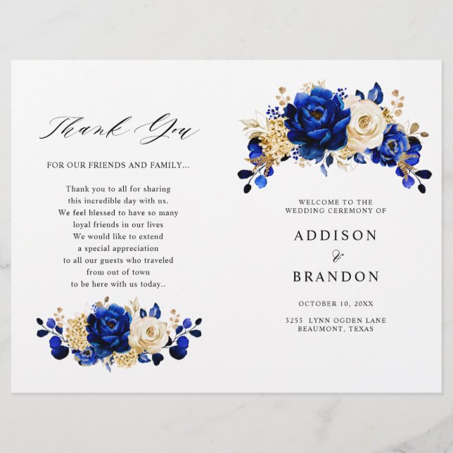 Royal Blue Yellow Gold Floral Wedding Program (Front)