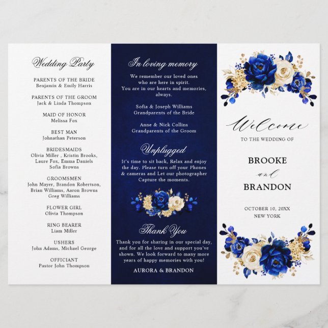 Royal Blue Yellow Gold Floral Wedding Program (Front)