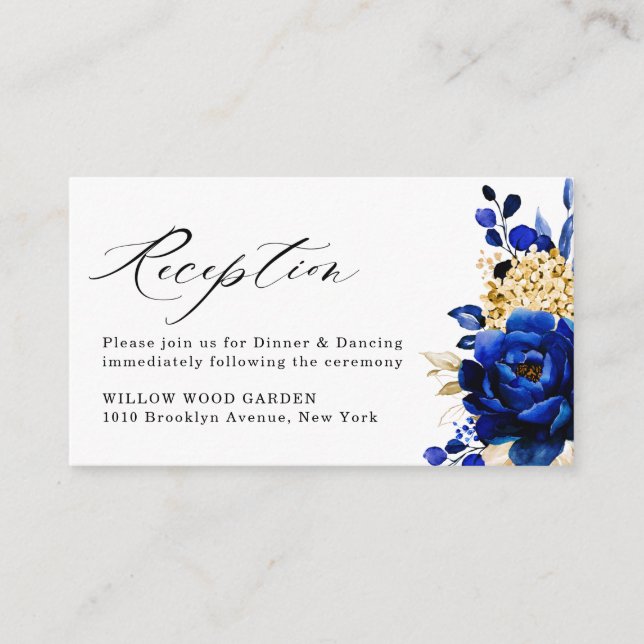 Royal Blue Yellow Gold Floral Wedding Reception Enclosure Card (Front)