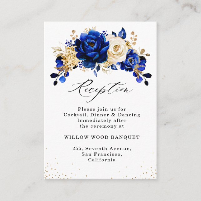 Royal Blue Yellow Gold Floral Wedding Reception Enclosure Card (Front)
