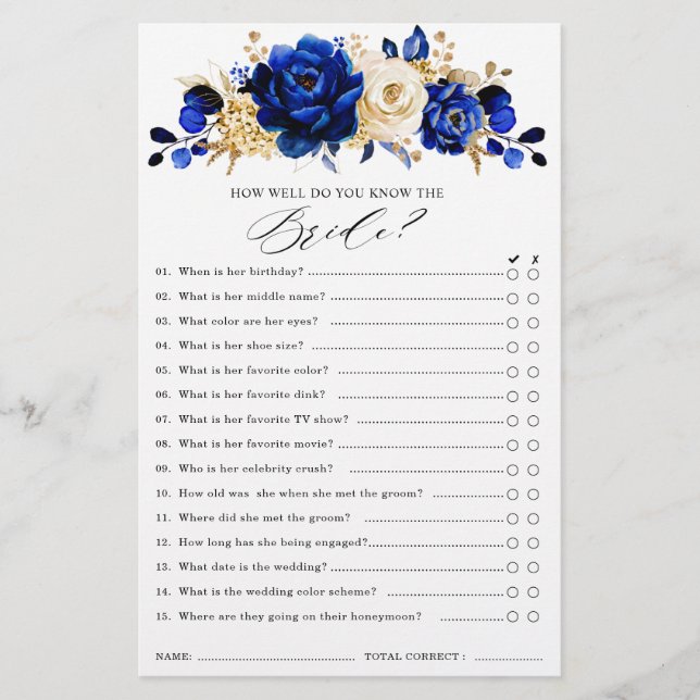 Royal Blue Yellow Gold Metallic Bridal Shower Game (Front)