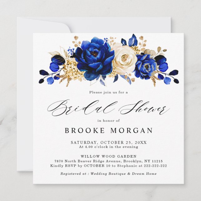 Royal Blue Yellow Gold Metallic Bridal Shower Invitation (Front)