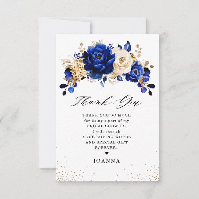 Royal Blue Yellow Gold Metallic Bridal Shower Thank You Card (Front)