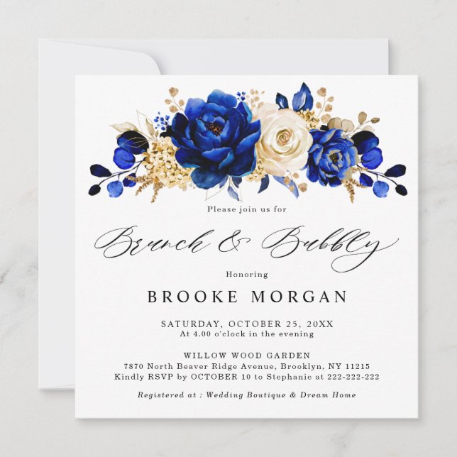 Royal Blue Yellow Gold Metallic Brunch and Bubbly Invitation (Front)
