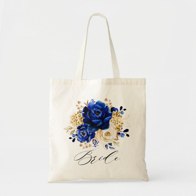 Royal Blue Yellow Gold Metallic Floral Bride Tote Bag (Front)