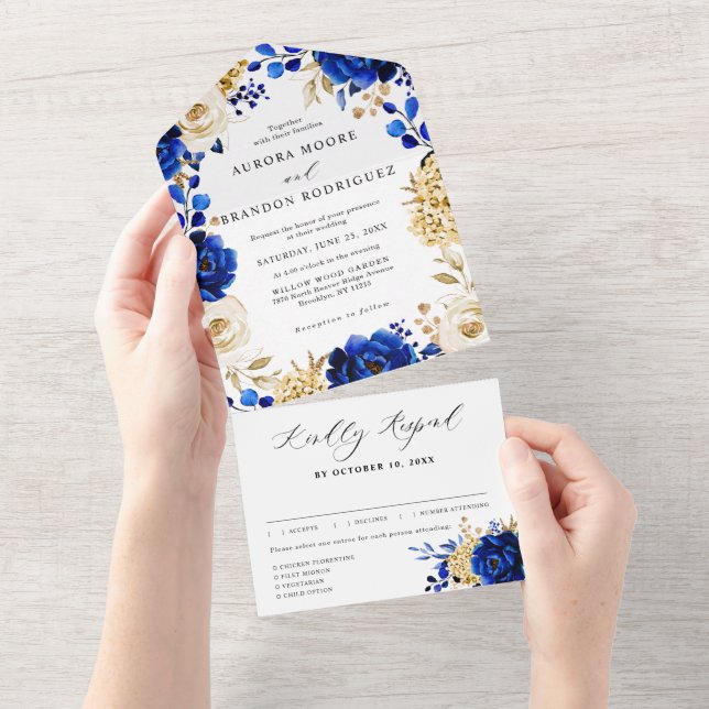 Royal Blue Yellow Gold Metallic Floral Wedding All In One Invitation (Tearaway)