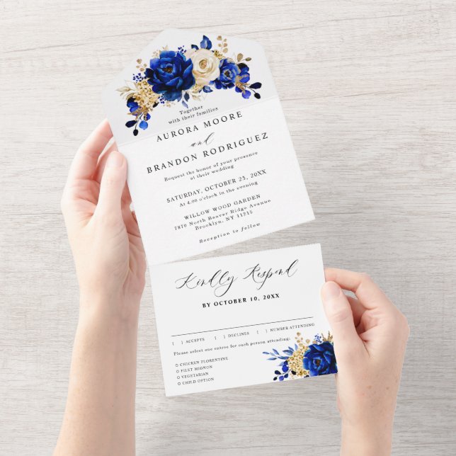 Royal Blue Yellow Gold Metallic Floral Wedding All In One Invitation (Tearaway)