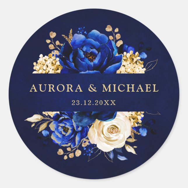 Royal Blue Yellow Gold Metallic Floral Wedding Cla Classic Round Sticker (Front)