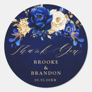 Royal Blue Yellow Gold Metallic Floral Wedding Cla Classic Round Sticker