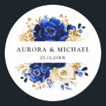 Royal Blue Yellow Gold Metallic Floral Wedding Classic Round Sticker<br><div class="desc">Elegant royal blue gold theme wedding round sticker featuring elegant bouquet of royal blue,  Navy,  gold,  yellow  colour rose flowers buds and eucalyptus leaves. Please contact me for any help in customisation or if you need any other product with this design.</div>