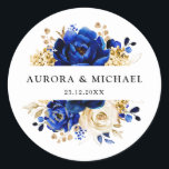 Royal Blue Yellow Gold Metallic Floral Wedding Classic Round Sticker<br><div class="desc">Elegant royal blue gold theme wedding round sticker featuring elegant bouquet of royal blue,  Navy,  gold,  yellow  colour rose flowers buds and eucalyptus leaves. Please contact me for any help in customisation or if you need any other product with this design.</div>