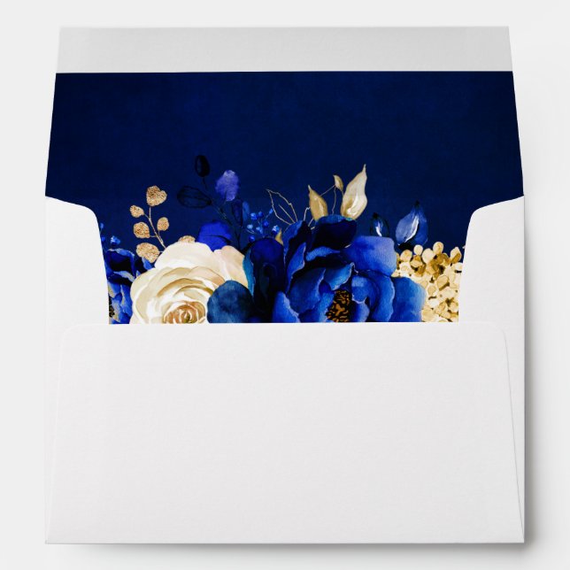 Royal Blue Yellow Gold Metallic Floral Wedding Envelope (Back (Bottom))