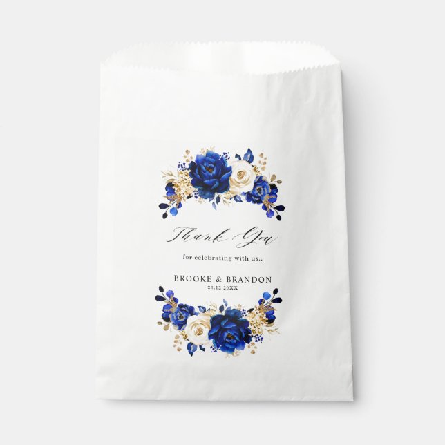 Royal Blue Yellow Gold Metallic Floral Wedding Favour Bags (Front)