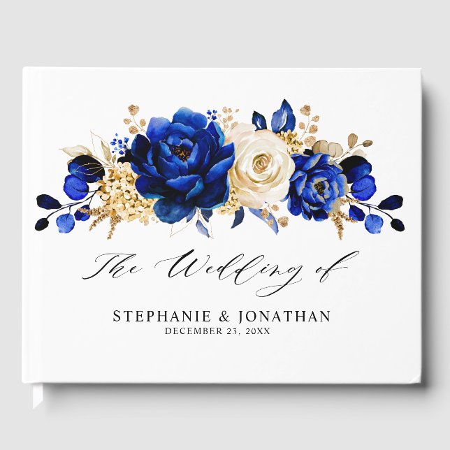 Royal Blue Yellow Gold Metallic Floral Wedding Guest Book (Front)