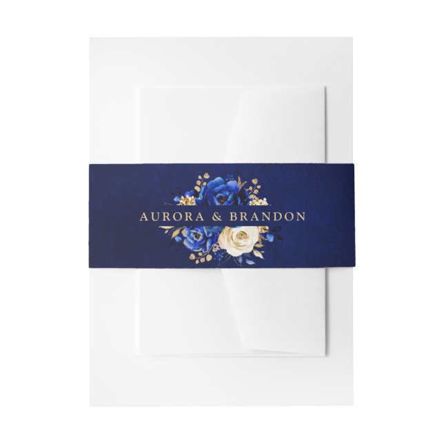 Royal Blue Yellow Gold Metallic Floral Wedding Inv Invitation Belly Band (Front Example)