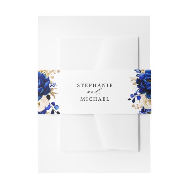 Royal Blue Yellow Gold Metallic Floral Wedding Invitation Belly Band (Front Example)