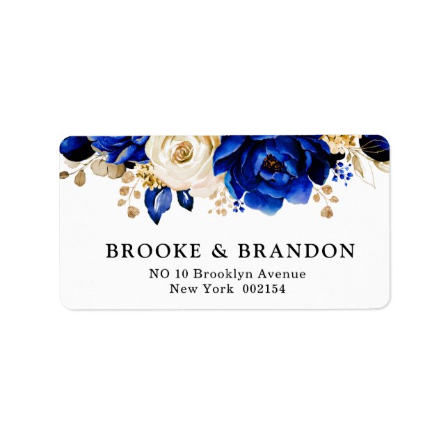 Royal Blue Yellow Gold Metallic Floral Wedding Label (Front)