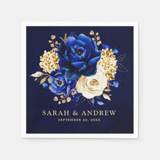 Royal Blue Yellow Gold Metallic Floral Wedding Nap Napkin (Front)