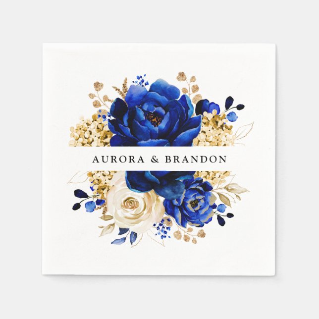 Royal Blue Yellow Gold Metallic Floral Wedding Napkin (Front)