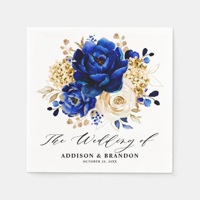 Royal Blue Yellow Gold Metallic Floral Wedding Napkin (Front)