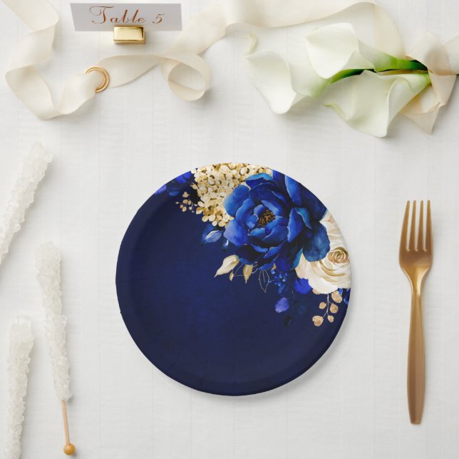 Royal Blue Yellow Gold Metallic Floral Wedding Pap Paper Plate (Wedding)