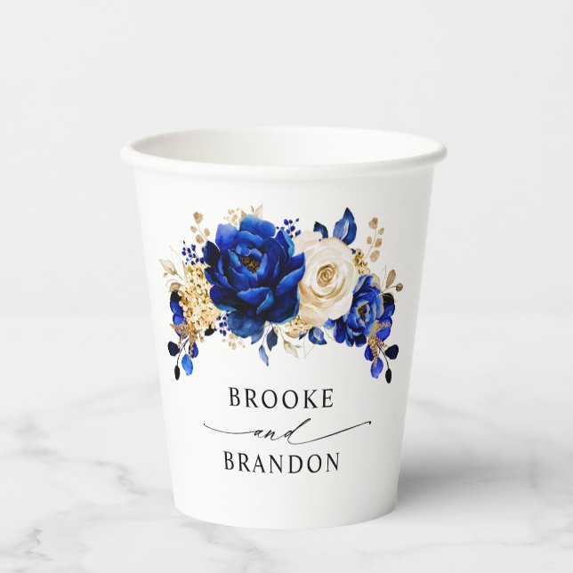 Royal Blue Yellow Gold Metallic Floral Wedding Paper Cups (Front)