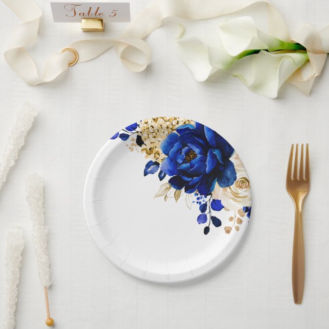 Royal Blue Yellow Gold Metallic Floral Wedding Paper Plate (Wedding)