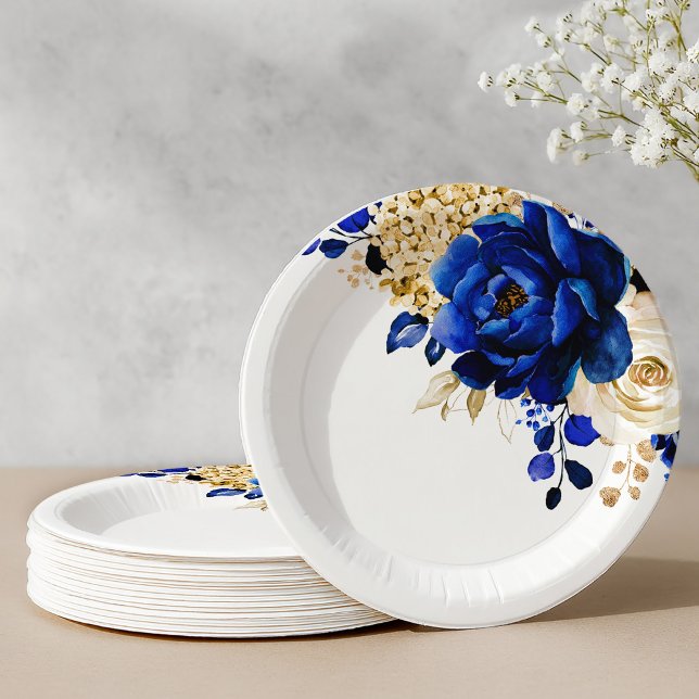 Royal Blue Yellow Gold Metallic Floral Wedding Paper Plate (Royal Blue Yellow Gold Metallic Floral Wedding Paper Plates)