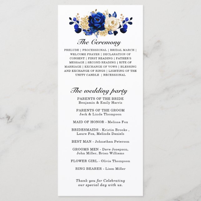 Royal Blue Yellow Gold Metallic Floral Wedding Programme (Back)