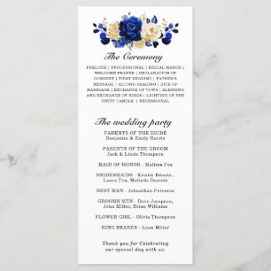 Royal Blue Yellow Gold Metallic Floral Wedding Programme