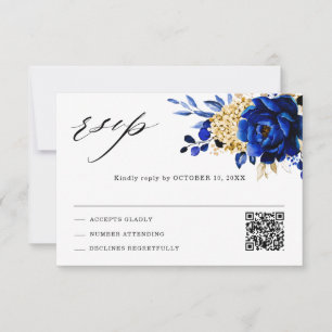 Royal Blue Yellow Gold Metallic Floral Wedding QR RSVP Card