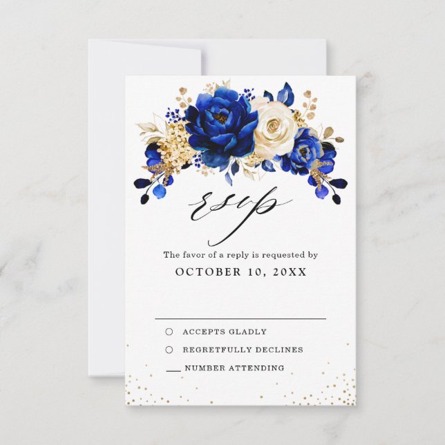 Royal Blue Yellow Gold Metallic Floral Wedding RSVP Card (Front)