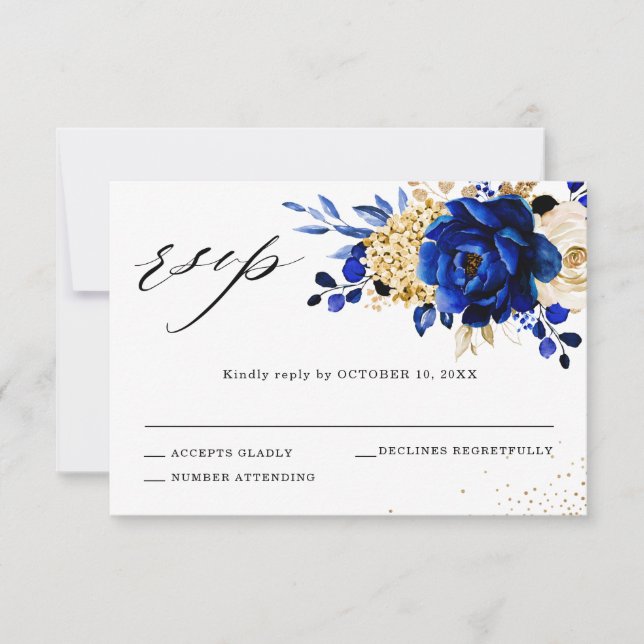 Royal Blue Yellow Gold Metallic Floral Wedding RSVP Card (Front)