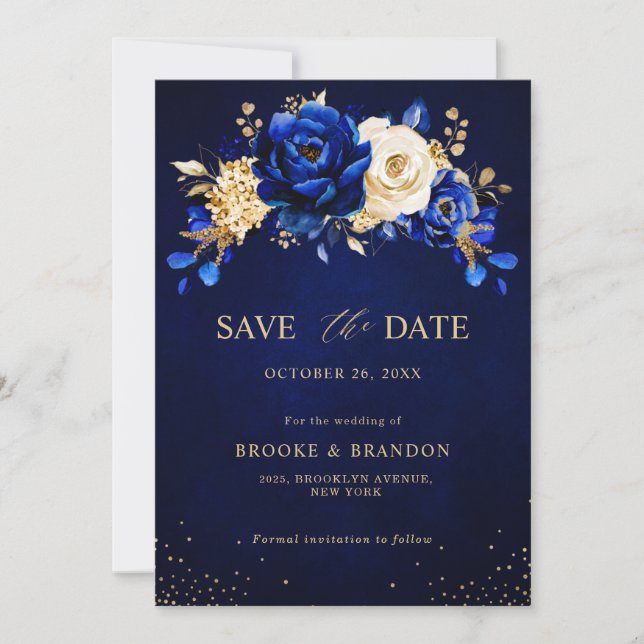 Royal Blue Yellow Gold Metallic Floral Wedding Sav Save The Date (Front)