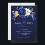 Royal Blue Yellow Gold Metallic Floral Wedding Sav Save The Date<br><div class="desc">Elegant royal blue gold theme save the date card featuring elegant bouquet of royal blue,  Navy,  gold,  yellow  colour rose flowers buds and eucalyptus leaves. Please contact me for any help in customisation or if you need any other product with this design.</div>