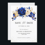 Royal Blue Yellow Gold Metallic Floral Wedding Save The Date<br><div class="desc">Elegant royal blue gold theme save the date card featuring elegant bouquet of royal blue,  Navy,  gold,  yellow  colour rose flowers buds and eucalyptus leaves. Please contact me for any help in customisation or if you need any other product with this design.</div>