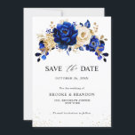 Royal Blue Yellow Gold Metallic Floral Wedding Save The Date<br><div class="desc">Elegant royal blue gold theme save the date card featuring elegant bouquet of royal blue,  Navy,  gold,  yellow  colour rose flowers buds and eucalyptus leaves. Please contact me for any help in customisation or if you need any other product with this design.</div>