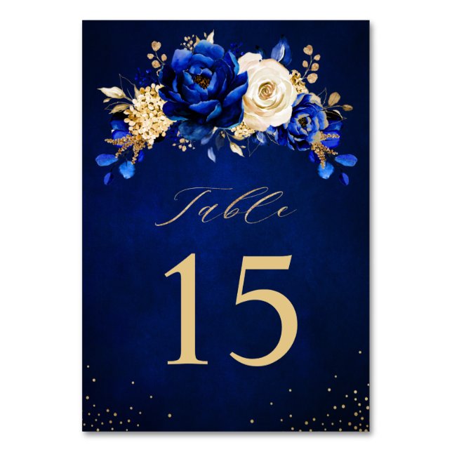 Royal Blue Yellow Gold Metallic Floral Wedding Table Number (Front)