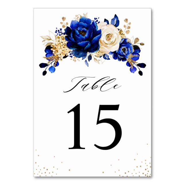 Royal Blue Yellow Gold Metallic Floral Wedding Table Number (Front)