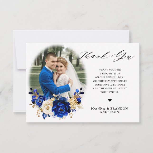 Royal Blue Yellow Gold Metallic Floral Wedding Thank You Card (Front)