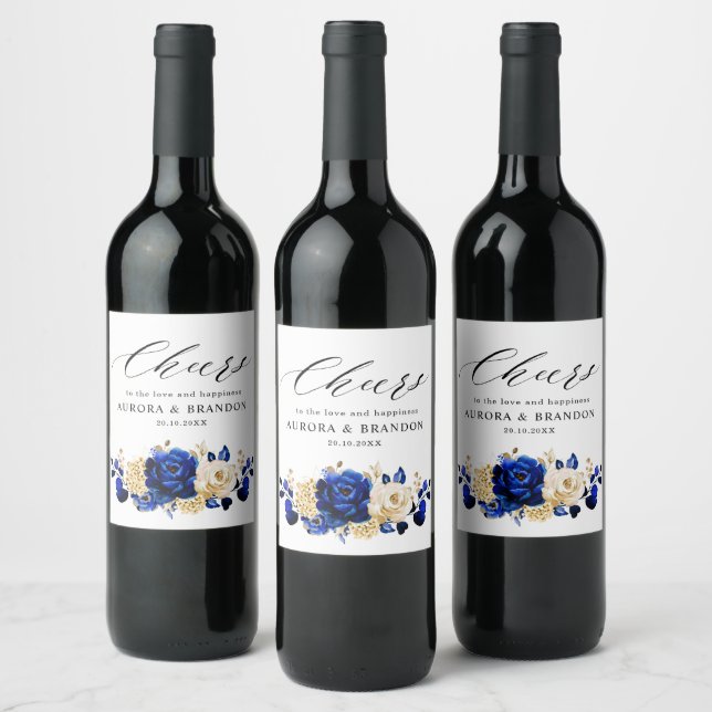 Royal Blue Yellow Gold Metallic Floral Wedding Wine Label (Bottles)